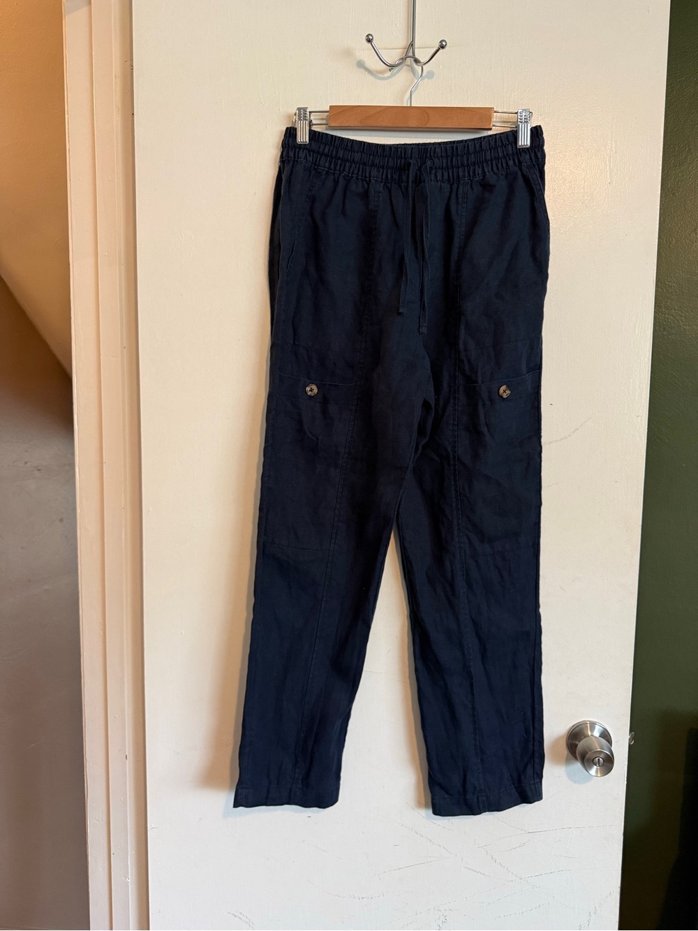 Whistles navy blue linen pull on pants button pocket details size 4